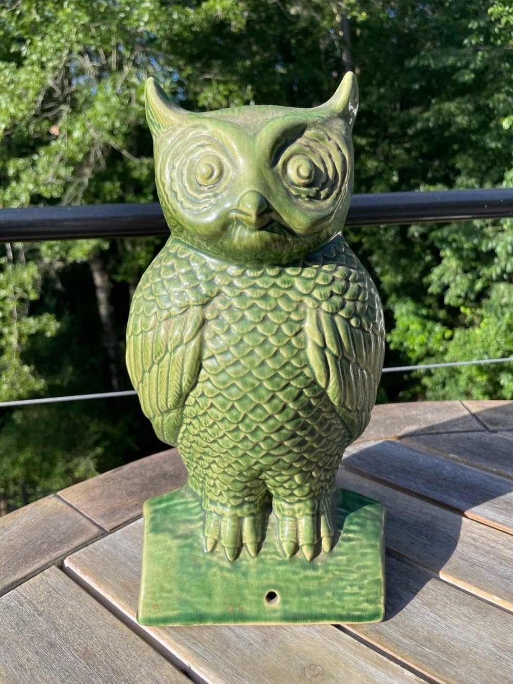 Vintage McCoy Pottery Green Ceramic Owl Statue Fence Sitter Post Cap 11”